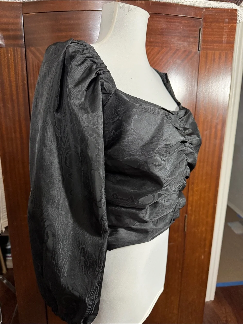 J. Crew Black Ruched Puff-Sleeve Crop Blouse